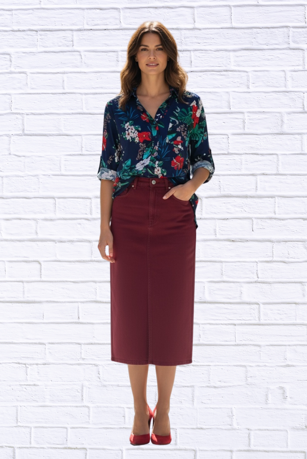 Tropical Floral Viscose Button-Up Shirt _ Collared Long Sleeve Blouse with Front Pocket