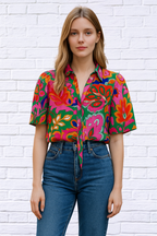 Tropical Print Short Sleeve Tie Neck Blouse _ Multicolor