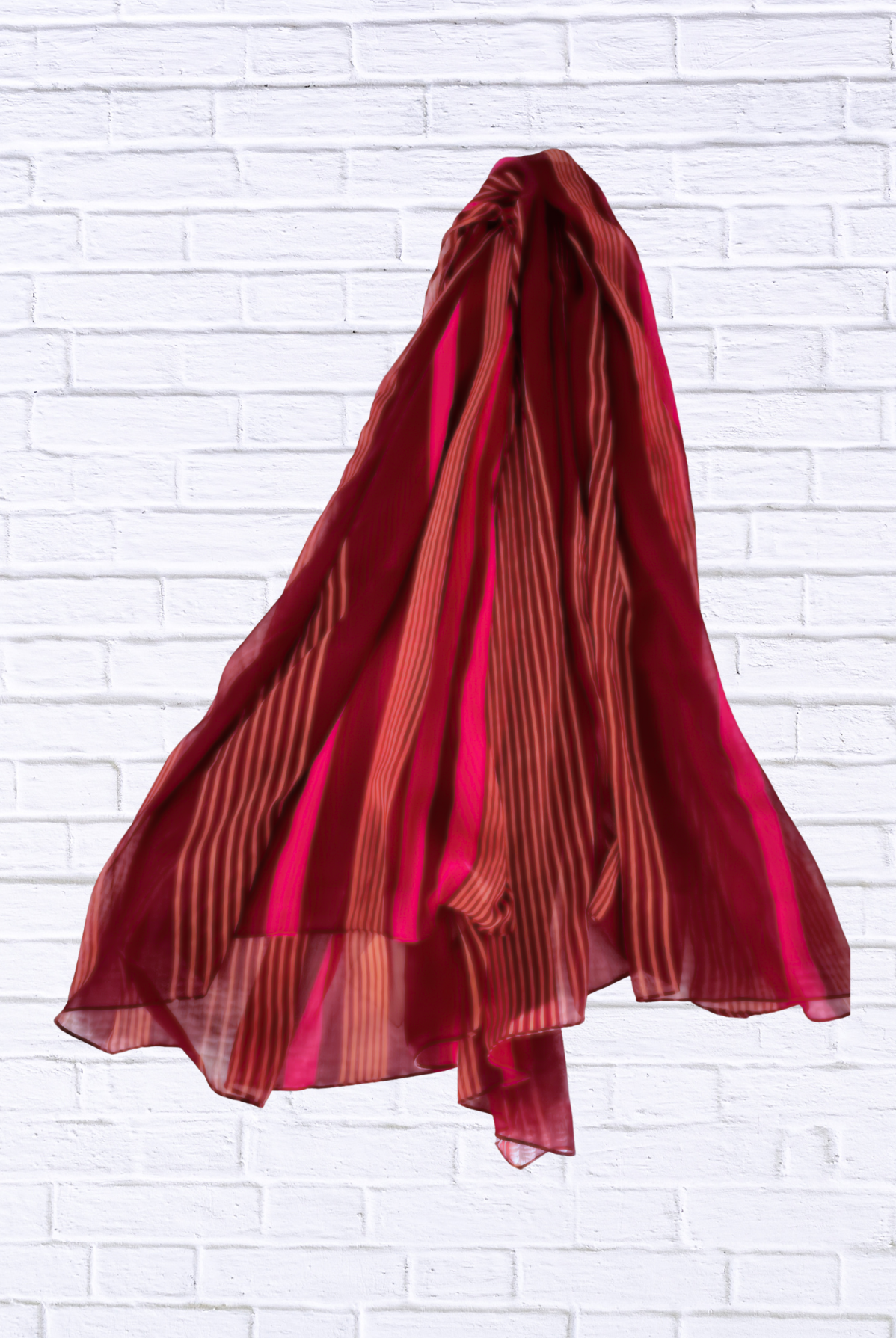 Chiffon Striped Scarf _ Elegant Sheer Wrap in Deep Red & Fuchsi