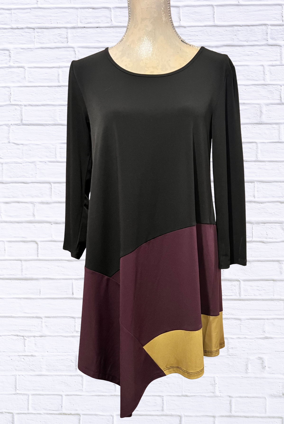 Color Block Asymmetrical Hem Knit Tunic Top _ Long Sleeve Soft Stretch Blouse