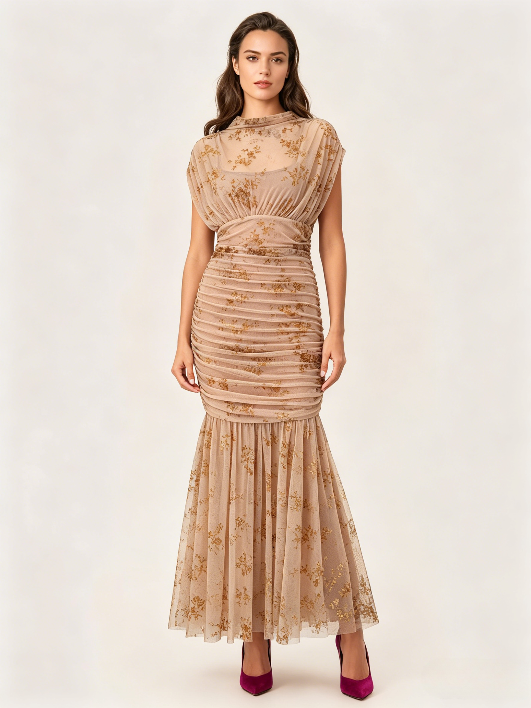 Party Dress Maxi Light Apricot Stand Collar Pleated Short Sleeves Printed Dress