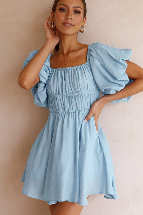 Off-the-Shoulder Shirred Waist Puff Sleeve Fit and Flare Mini Dress