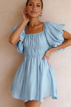 Off-the-Shoulder Shirred Waist Puff Sleeve Fit and Flare Mini Dress