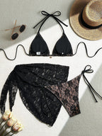 Lace Mesh Mini Skirt Swimsuit Bikini Three-Piece Set
