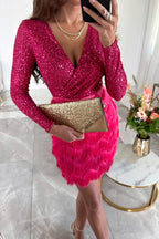 Sequin Surplice Long Sleeve Tiered Fringe Mini Dress