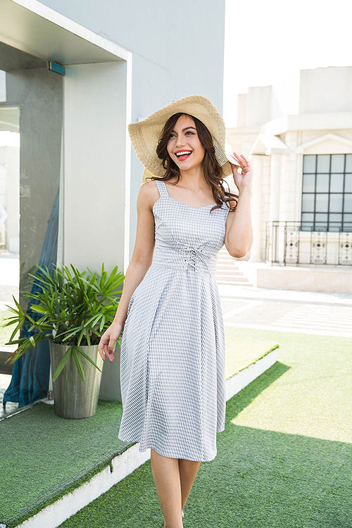 Sweetheart Neck Gingham Check Lace-Up Corset Waist A-Line Midi Dress