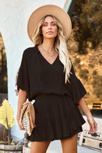 V-Neck Ruffle Collar Tiered Sleeve Blouse and Smocked Tiered Mini Skirt Set