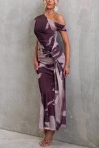 Asymmetrical Shoulder Draped Front Printed Maxi Dress