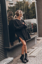 Waffle Knit Crew Neck Long Sleeve Side Slit Sweater Mini Dress
