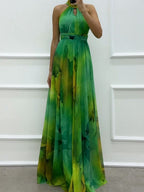 Mesh Printed Halter Formal Dress Maxi Dresses
