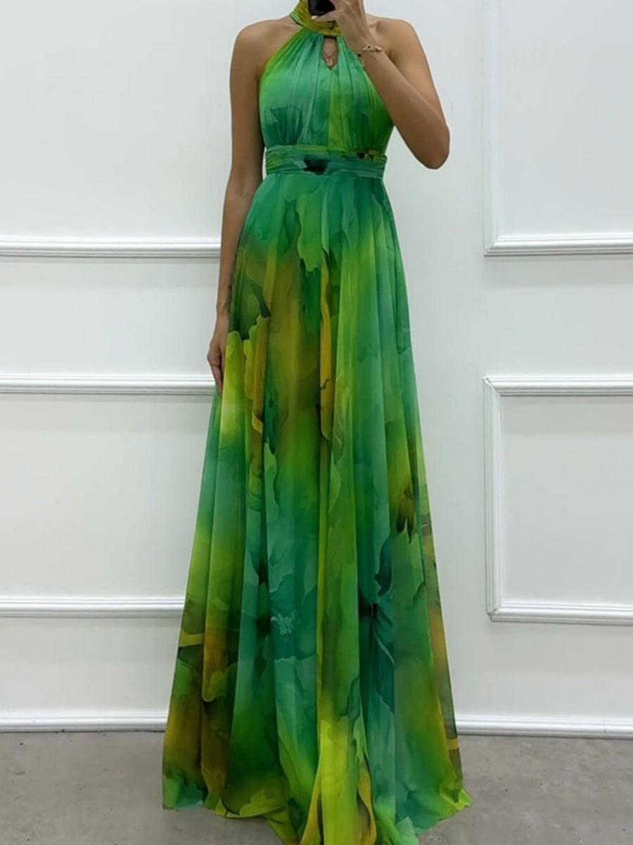 Mesh Printed Halter Formal Dress Maxi Dresses