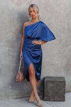 One Shoulder Cape Sleeve Ruched Waist Tulip Wrap Satin Midi Dress