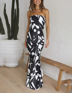 Abstract Geometric Print Strapless Satin Maxi Dress