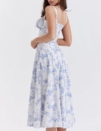 Ditsy Floral Print Sweetheart Corset Front Slit Midi Dress