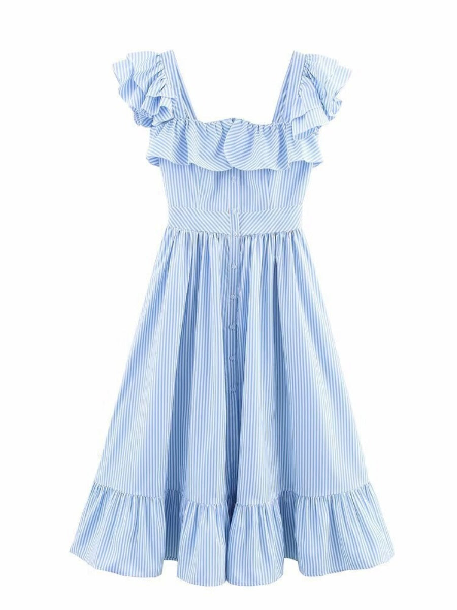 Square Collar Ruffle Button Slit Big Swing Sweet Maxi Dresses