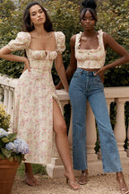 Ditsy Floral Milkmaid Puff Sleeve Side Slit Midi Dress