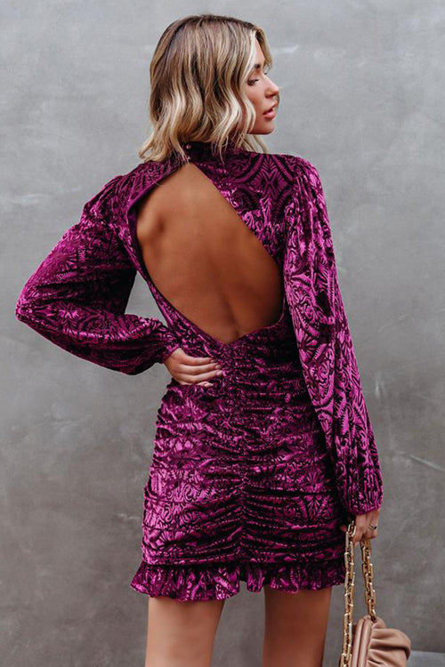 Burnout Velvet Mock Neck Damask Bishop Sleeve Ruched Flounce Mini Dress