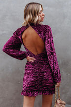 Burnout Velvet Mock Neck Damask Bishop Sleeve Ruched Flounce Mini Dress