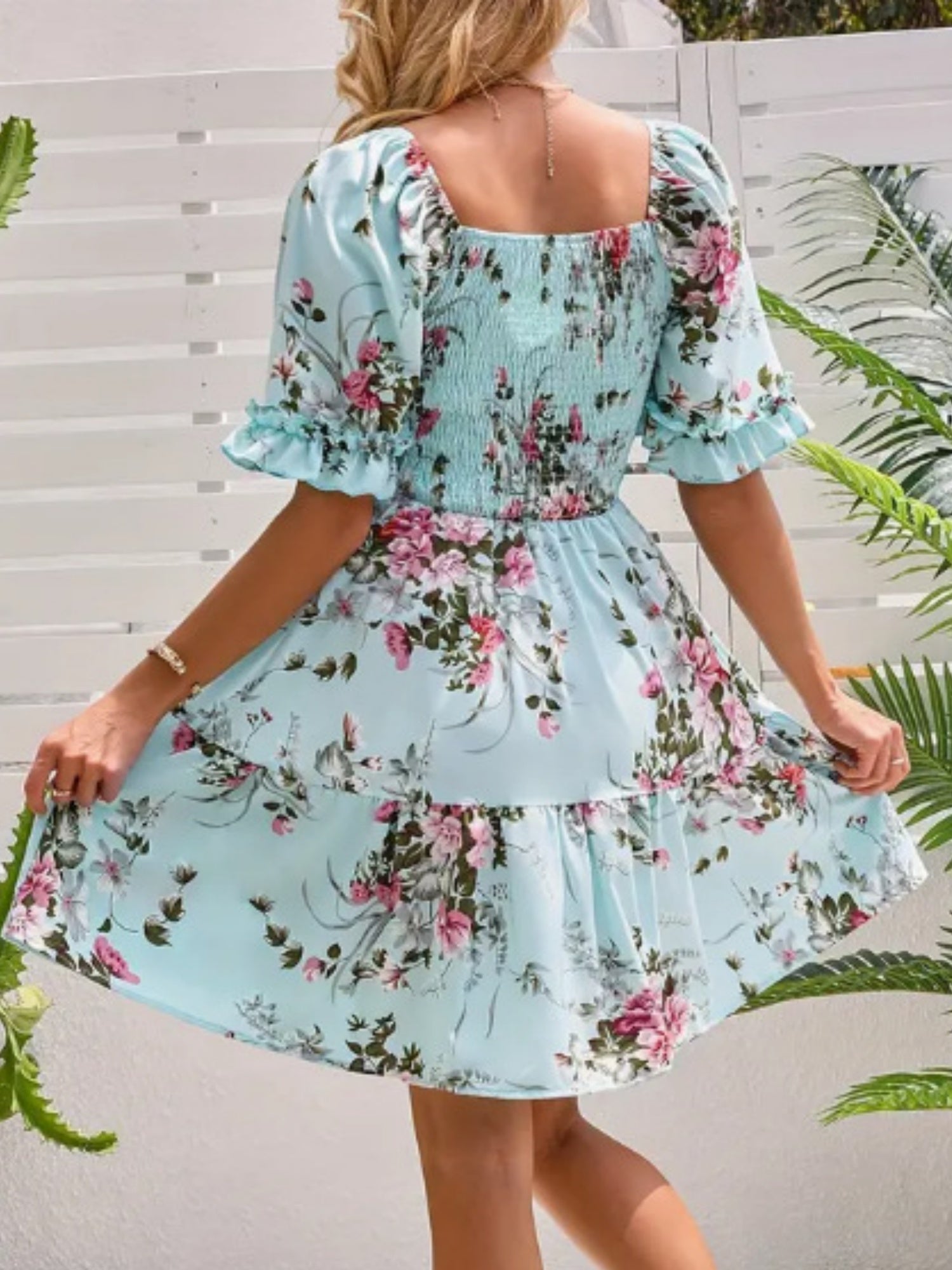 Printed Pleated Square Neck Short Sleeve Mini&Short Dresses