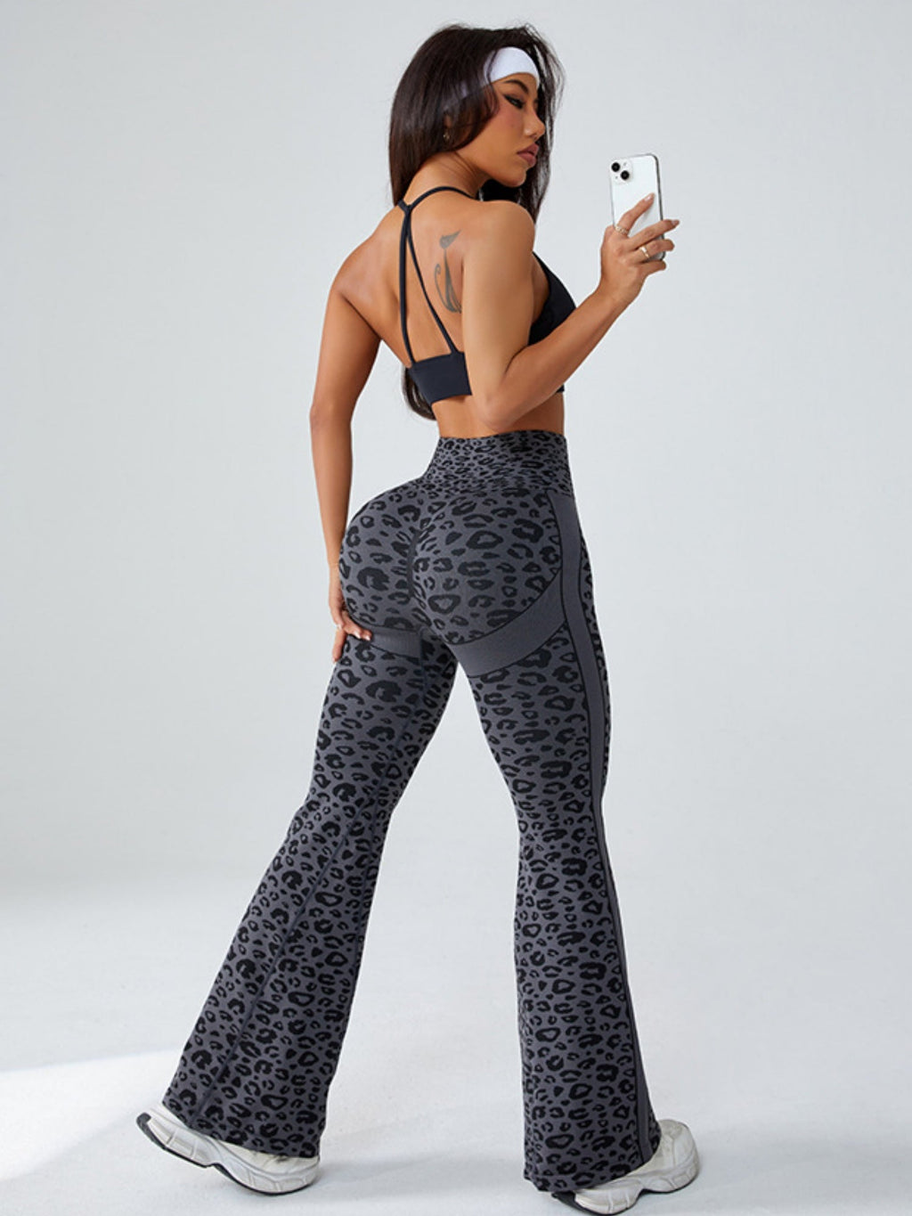 Leopard Print Splicing Abdominal Tightening And Buttock Lifting Flared Pants Fitness Exercise Pants