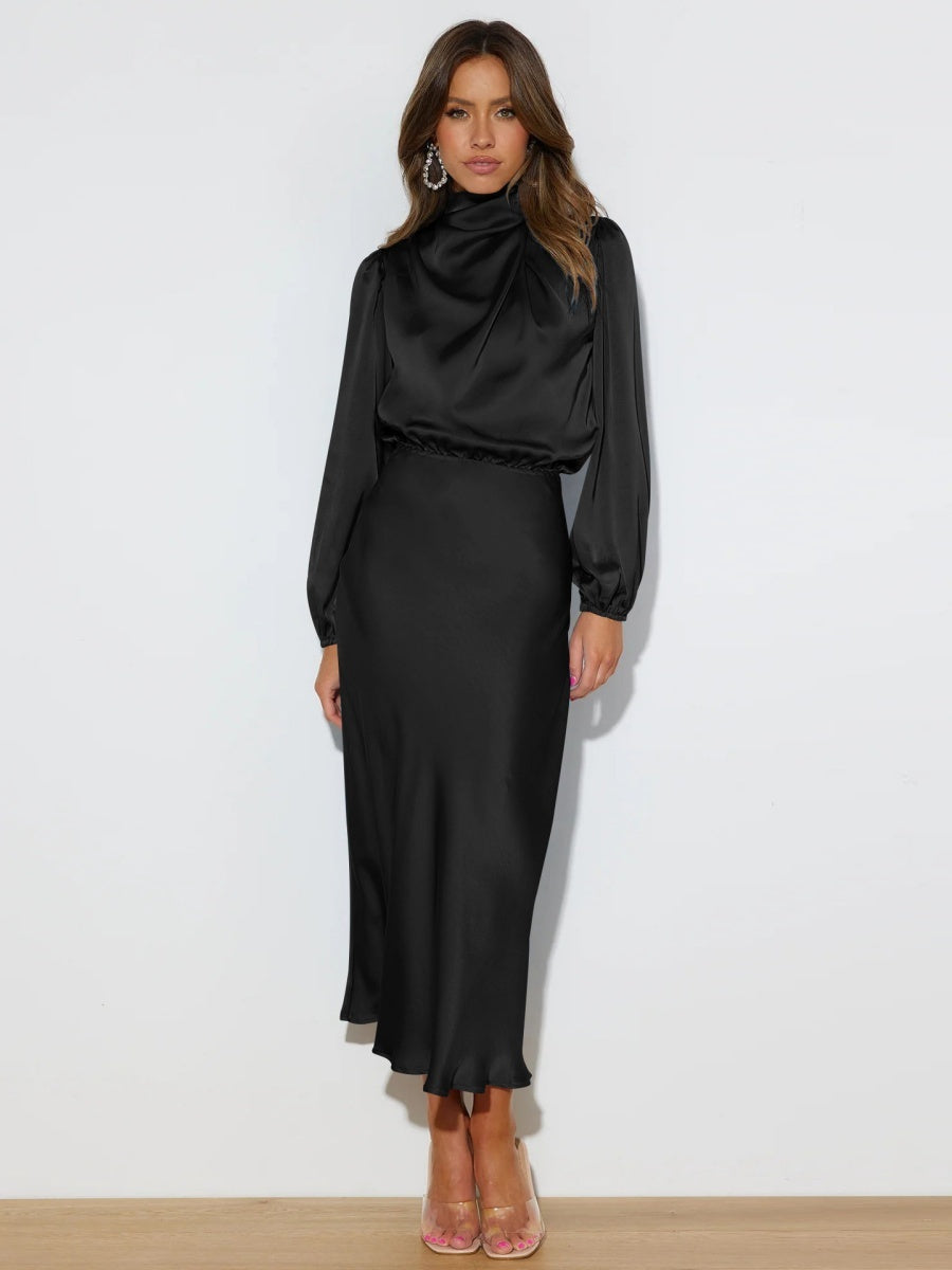 Satin Long Sleeve Loose Turtleneck Midi Dresses