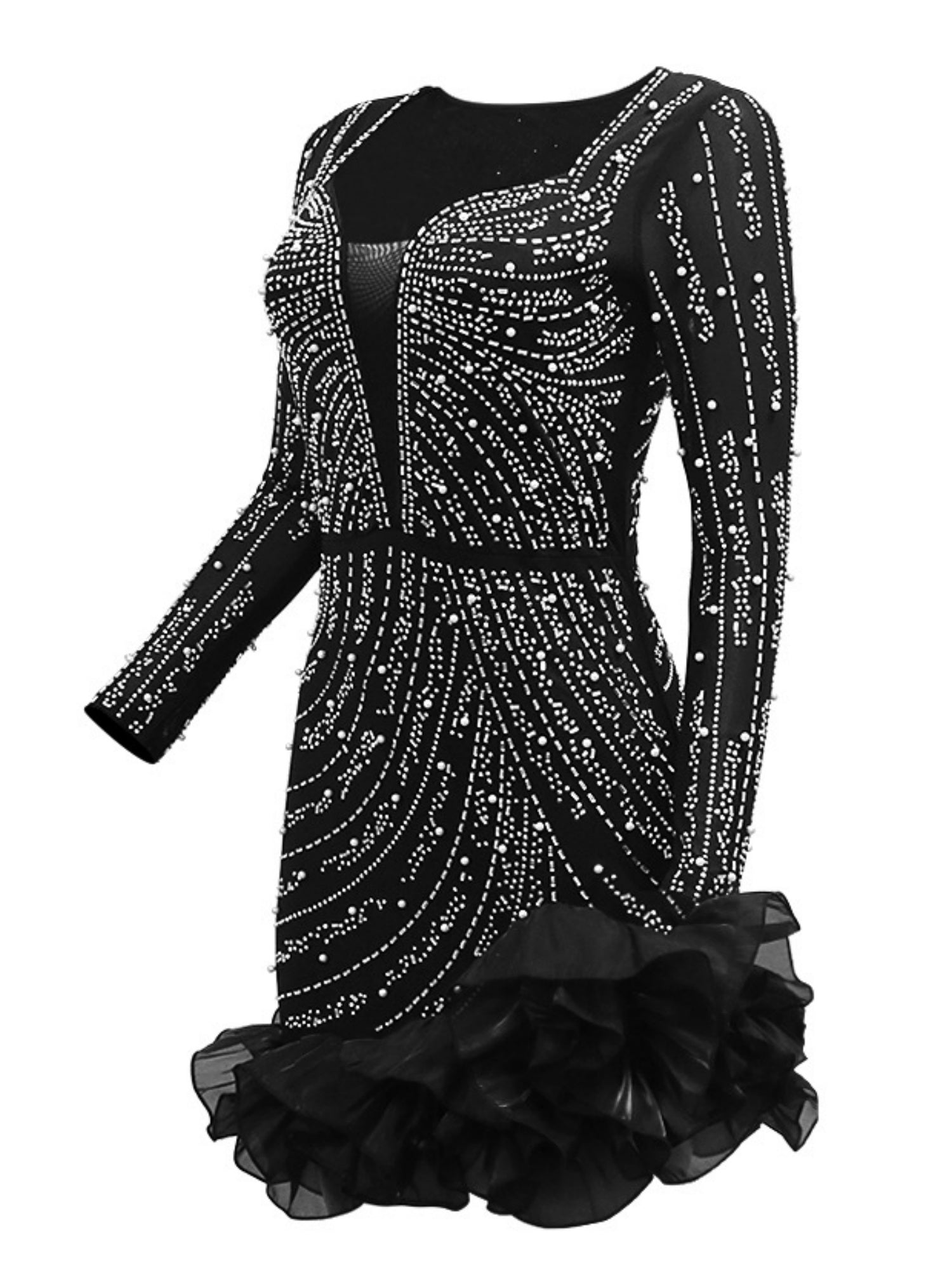 3D Flowers Hot-fix Rhinestones And Bubble Beads Evening Gown Sheer Long-sleeved Square Neck Mini&Short Dresses