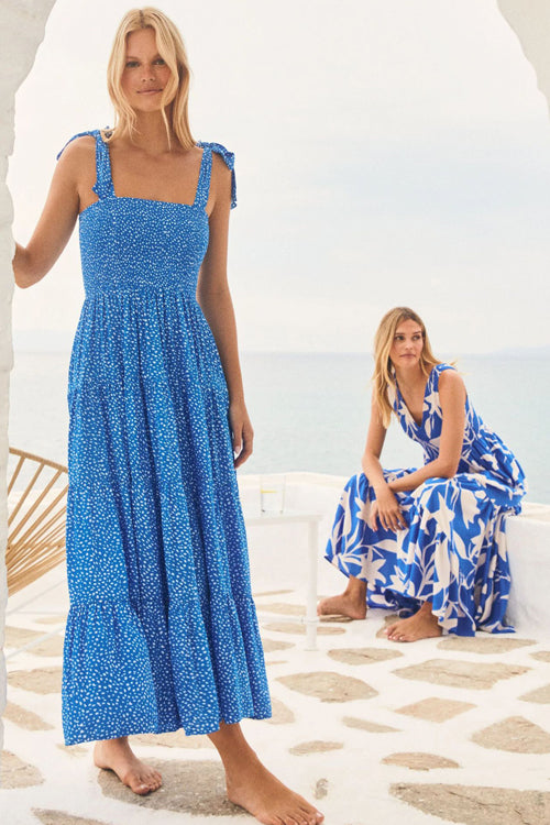 Botanical Leaf Print Smocked Square Neck Tie Shoulder Tiered Maxi Dress