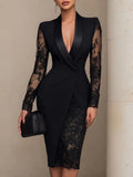Lace Stitching Mesh Lapel Waist Suit Mini&Short Dresses