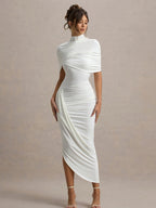 Pleated Mock Neck Shawl Exposed Backpack Buttocks Maxi Dresses