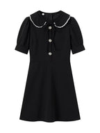 Color-blocked Detachable Peter Pan Collar Buttons Short Sleeves Mini&Short Dresses