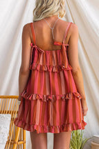 Adjustable strap Bow Detail Striped Ruffle Mini Dress