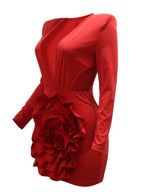 3D Flowers Valentine's Day Deep V Long Sleeve Pleated Mini&Short Dresses