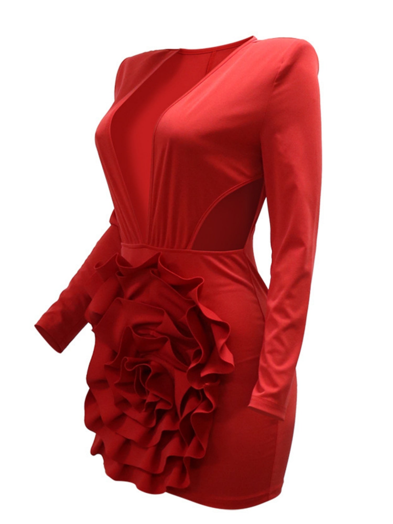 3D Flowers Valentine's Day Deep V Long Sleeve Pleated Mini&Short Dresses