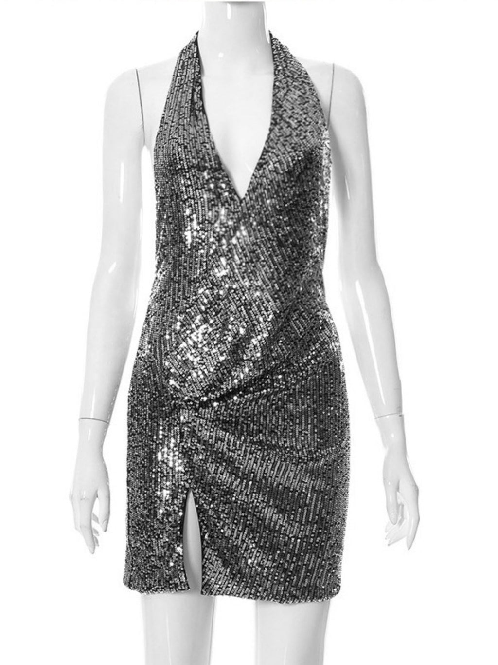 Sequins Deep V Halter Neck Backless Slit Pleats Mini&Short Dresses