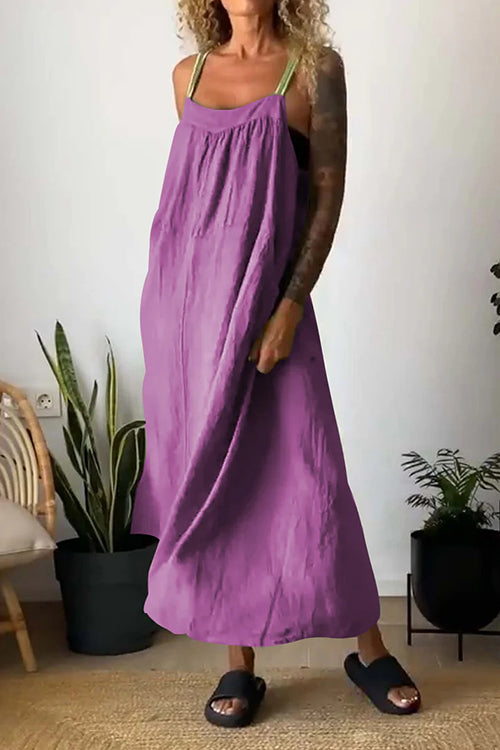 Color Block Casual Cotton Linen Maxi Beach Dress