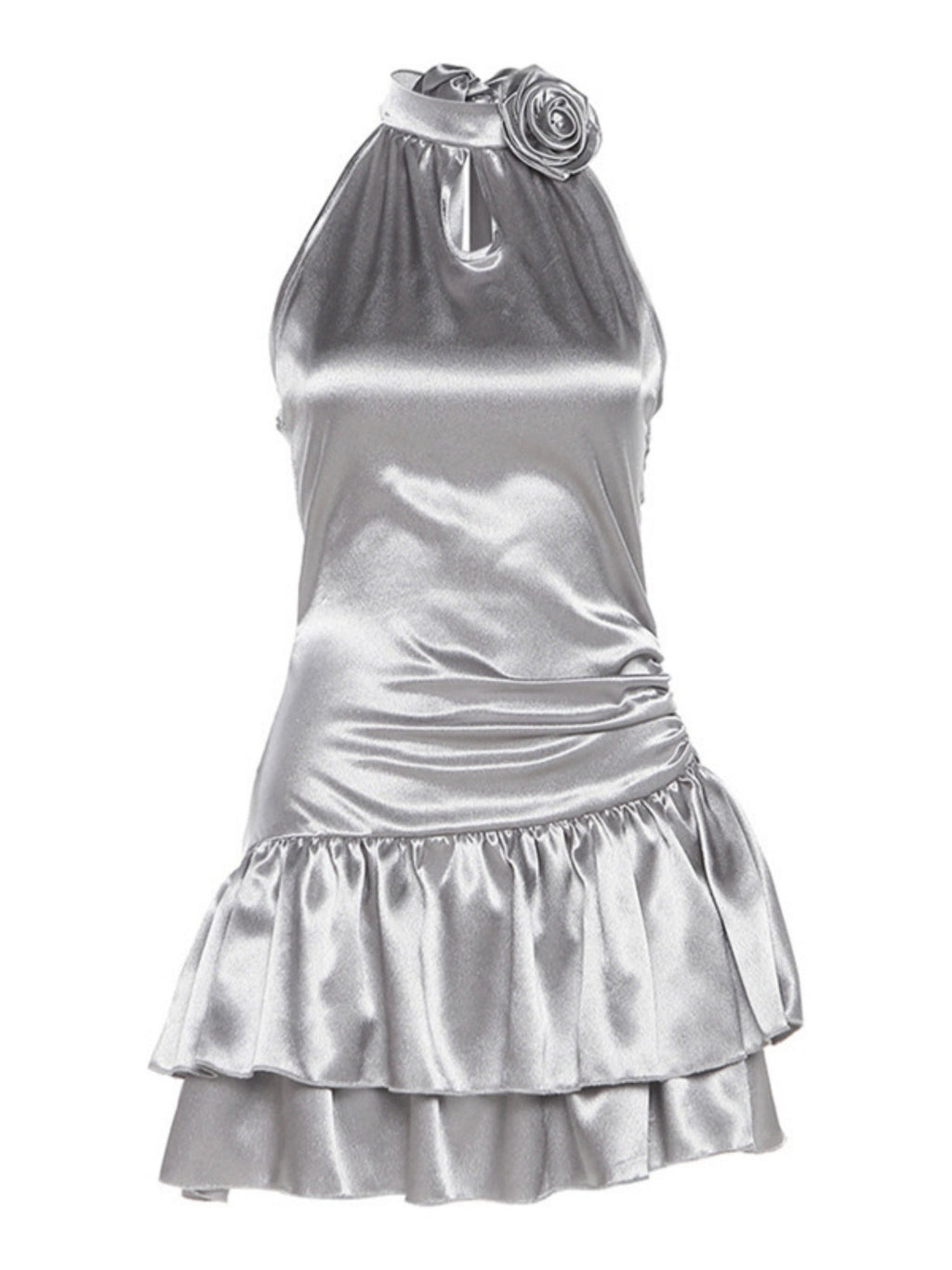 3D Flowers Glossy Hollow Out Halter-neck Sleeveless Mini&Short Dresses