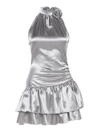 3D Flowers Glossy Hollow Out Halter-neck Sleeveless Mini&Short Dresses