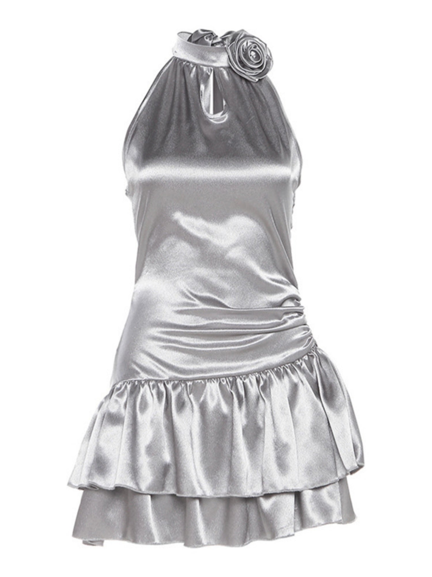 3D Flowers Glossy Hollow Out Halter-neck Sleeveless Mini&Short Dresses