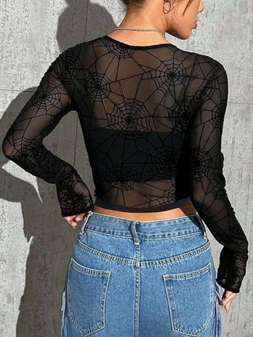 Mesh Transparent Flocking Printing Long-sleeved T-shirt