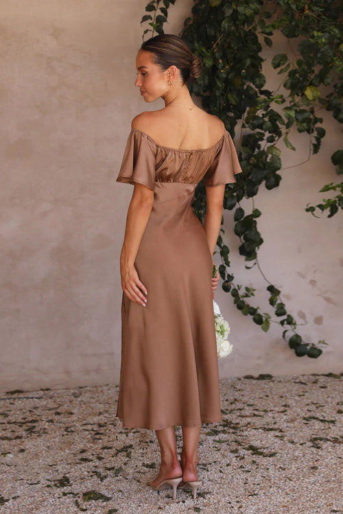 Satin Sweetheart Flutter Sleeve Ruched Bust High Slit Midi Dress