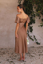 Satin Sweetheart Flutter Sleeve Ruched Bust High Slit Midi Dress