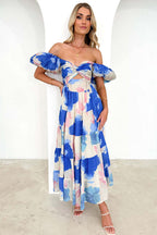 Off Shoulder Twist Front Cut Out Puff Sleeve Tiered Floral Maxi Dress