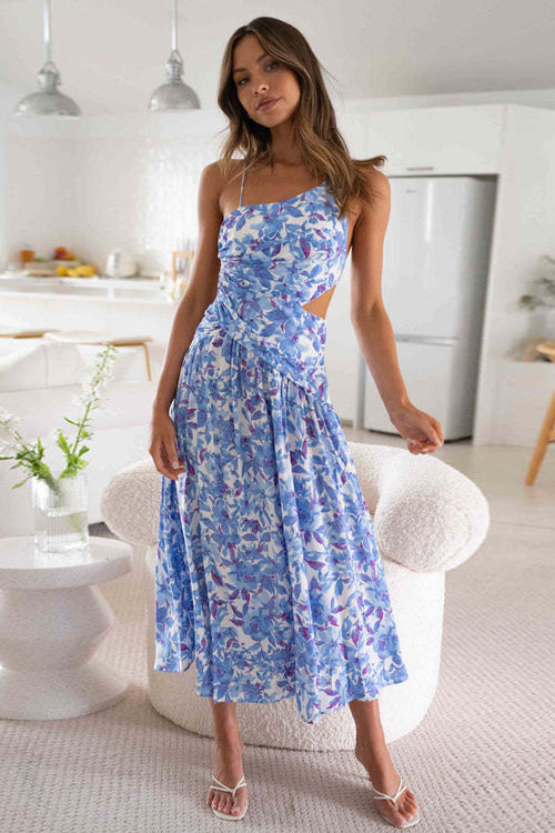 One-Shoulder Ruched Side Cutout High Slit Floral Midi Dress