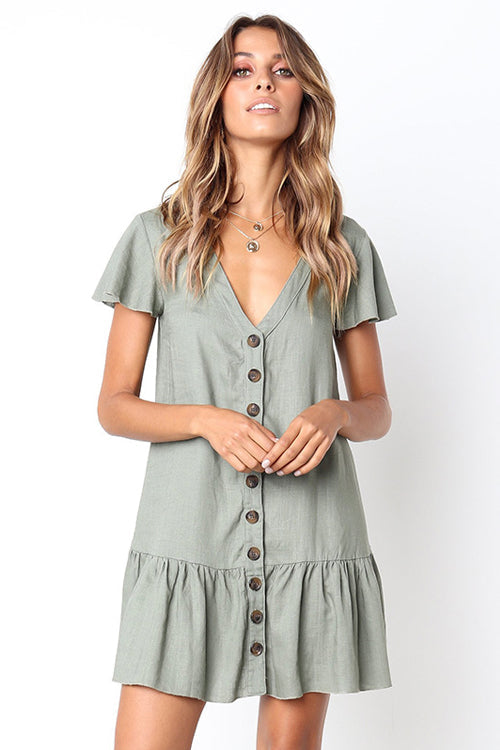 Linen Look V-Neck Button Front Flutter Sleeve Ruffle Hem Mini Dress