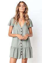 Linen Look V-Neck Button Front Flutter Sleeve Ruffle Hem Mini Dress
