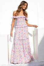 Large Floral Print Off Shoulder Smocked Ruffle Trim Three Tier Maxi Dress