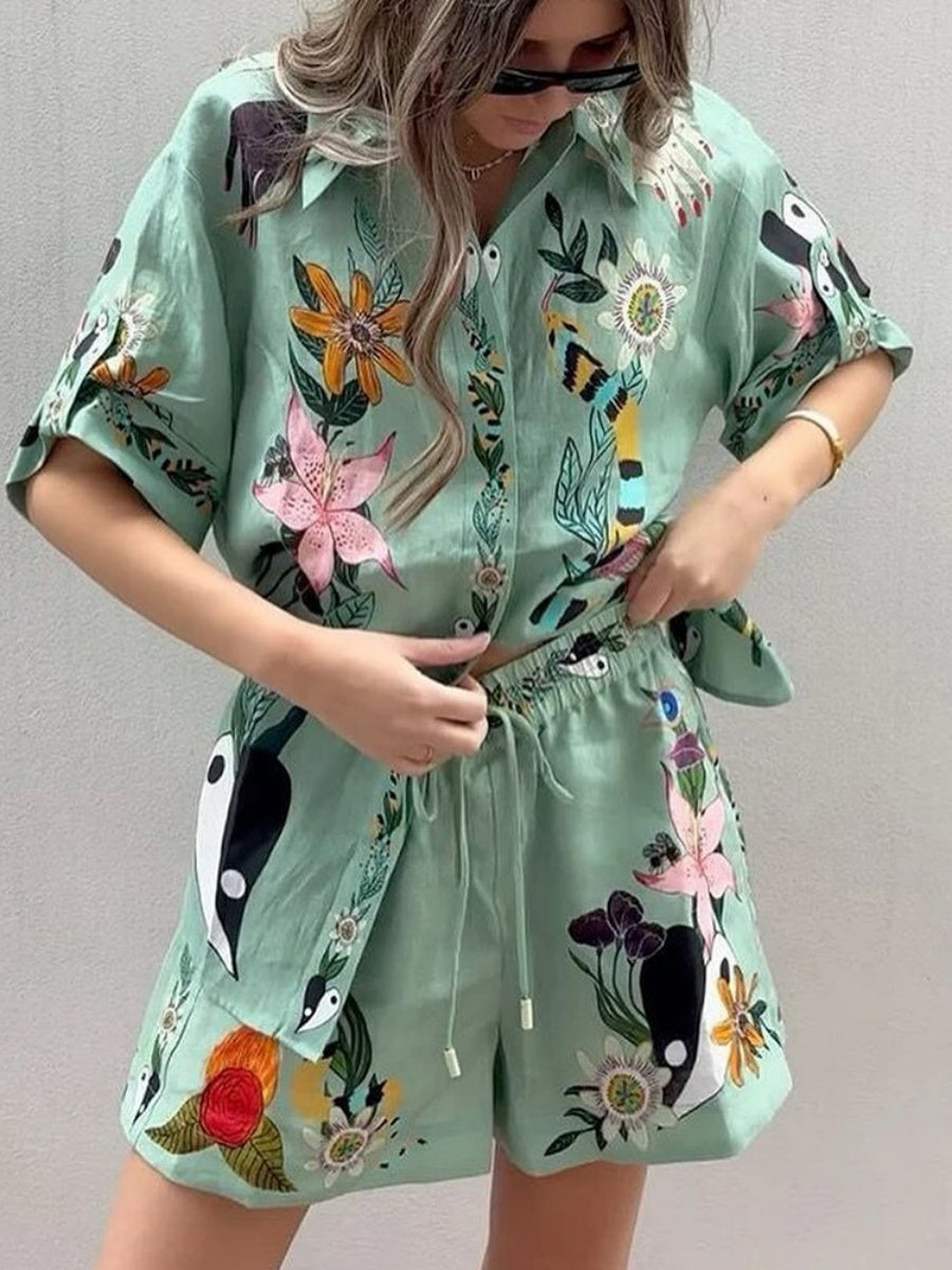 Printed Vacation Long-sleeved Shirt Shorts Set 2-piece Sets