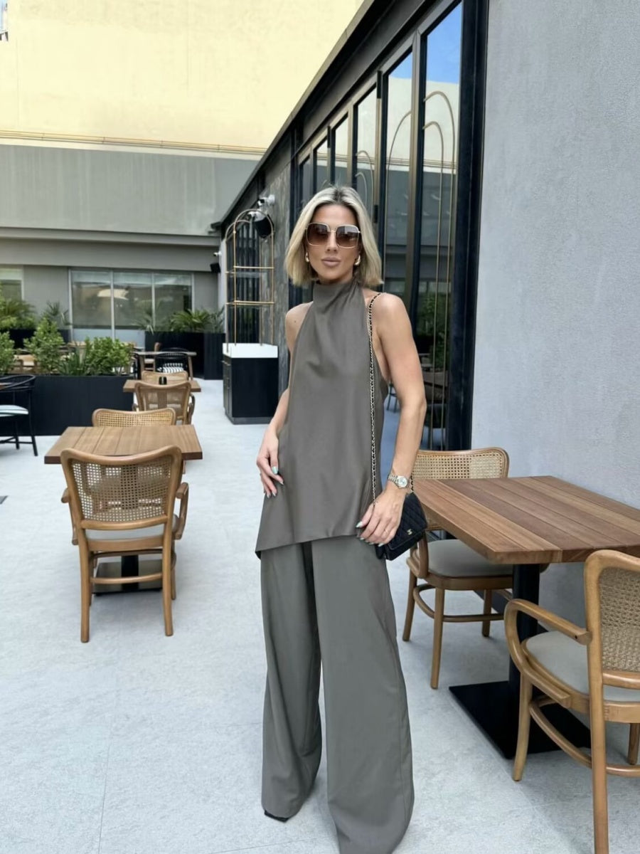 Halter Asymmetrical Jacket Wide-leg Trousers Commuting Set 2-piece Sets