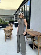 Halter Asymmetrical Jacket Wide-leg Trousers Commuting Set 2-piece Sets