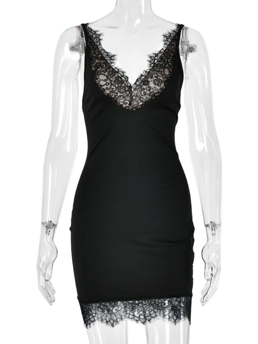 Lace Trim Deep V-neck Sleeveless Bodycon Mini&Short Dresses